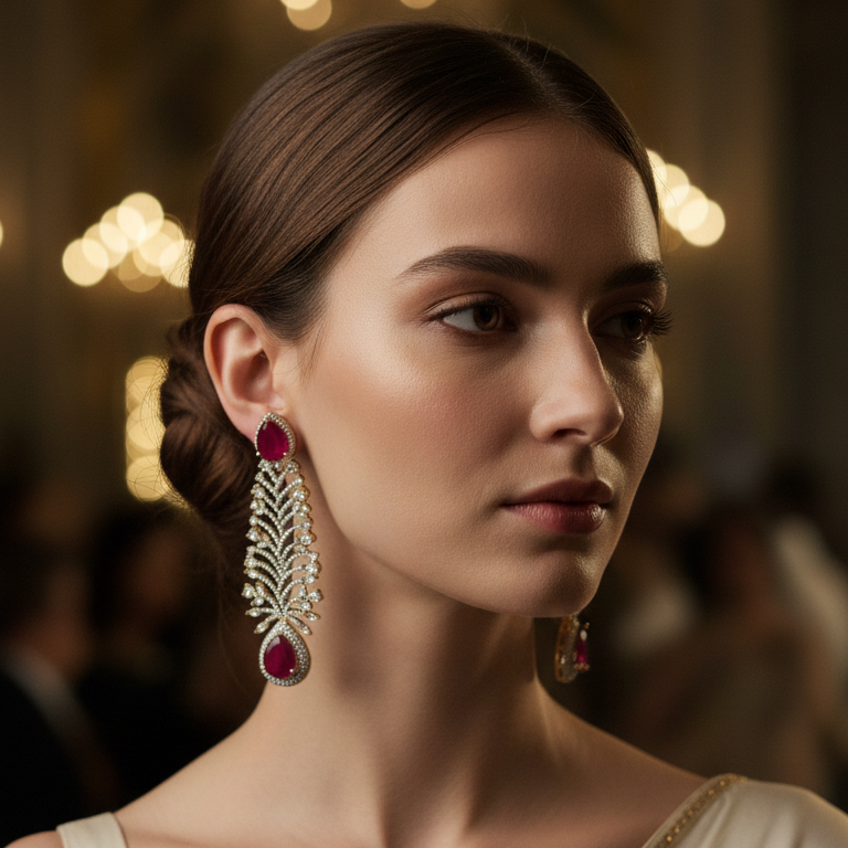 Ruby Red Teardrop Leaf Design American Diamond