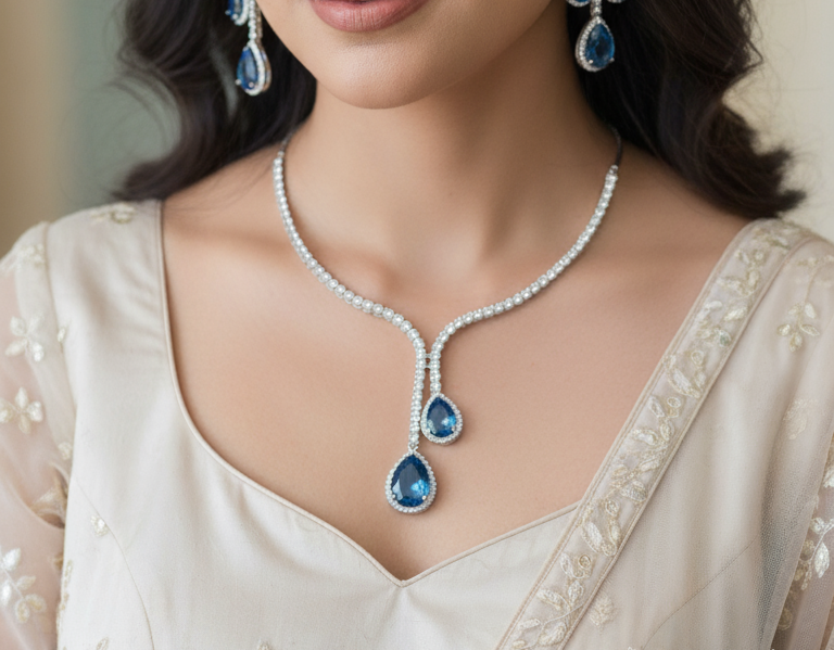 Elegant Blue Stone Necklace and Earring Set