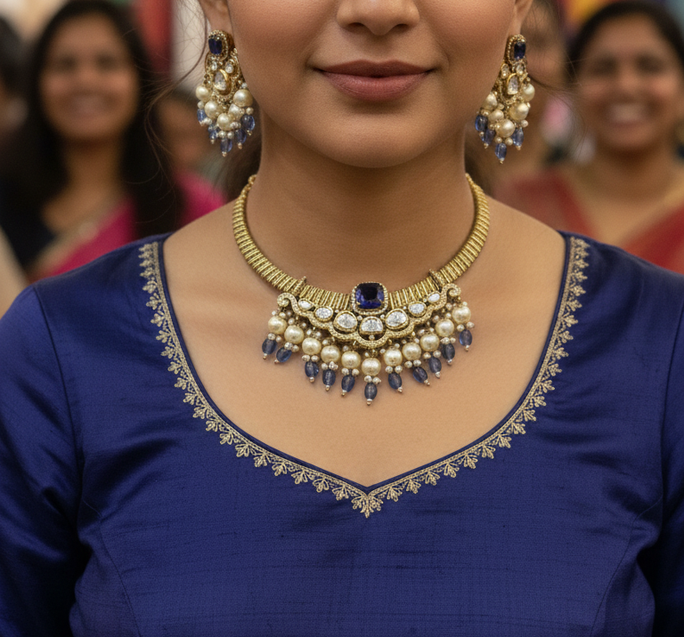 Neelam Royale Kundan Blue Hasli Necklace