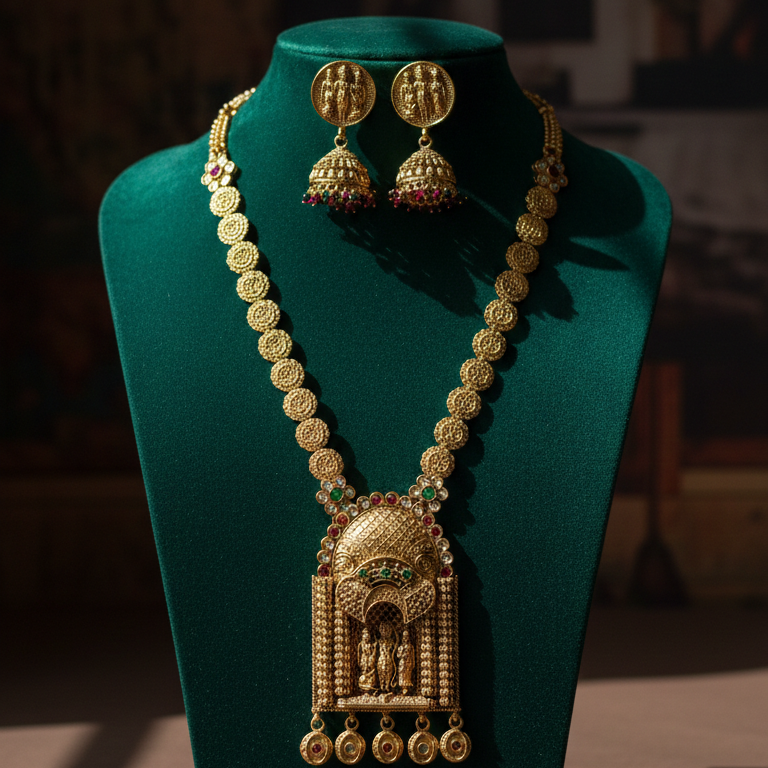 Temple Lakshmi Gold Long Haram Necklace with Antique Pendant