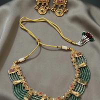 Royal Green Beaded Traditional Necklace Set with Antique Gold Earrings