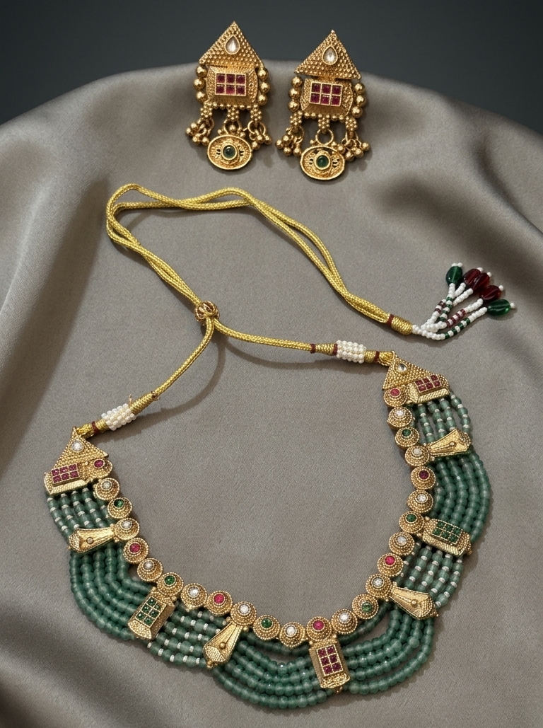 Royal Green Beaded Traditional Necklace Set with Antique Gold Earrings