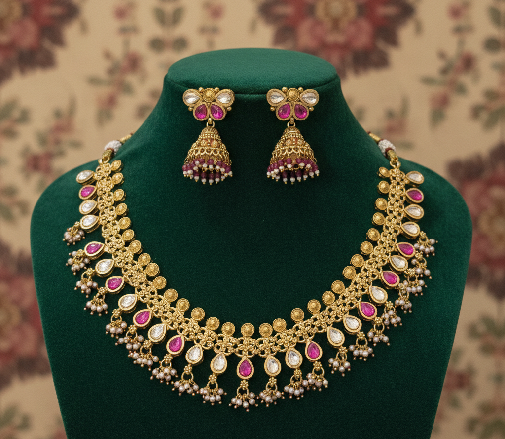 Ruby Kundan Gold-Polish Necklace Set