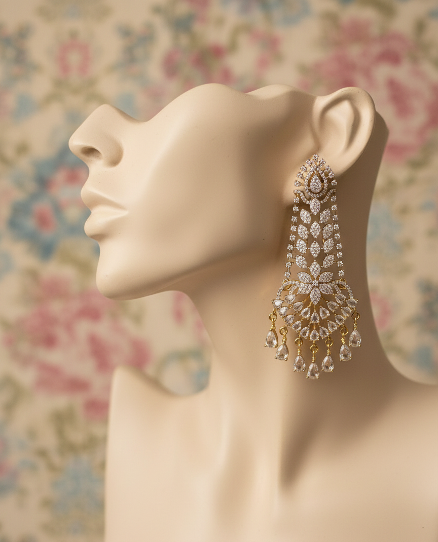 Bridal Style American Diamond Long Earrings with Teardrop Stones