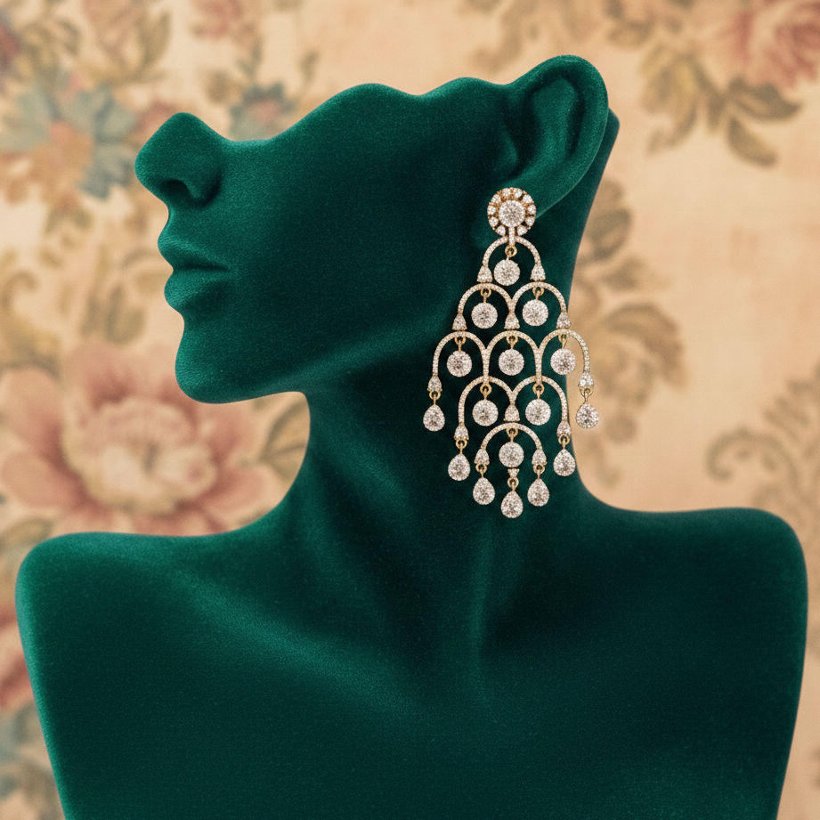 American Diamond Gold Chandelier Earrings