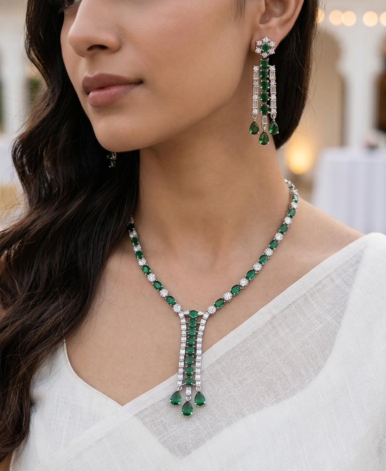Emerald Green AD Stone Layered Necklace Set