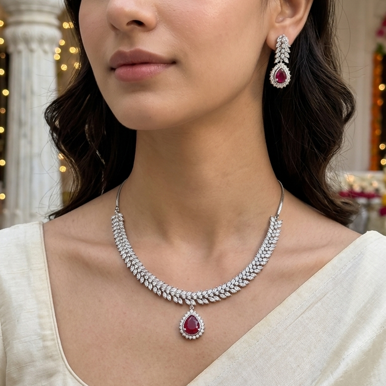 Ruby Glow Leaf Design AD Necklace Set