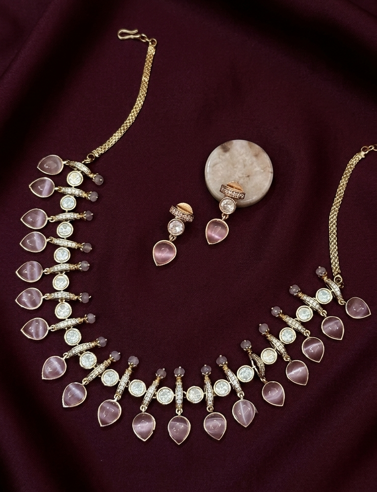 Real Polki baby pink Necklace & Earrings Set