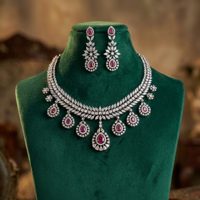 Royal Ruby American Diamond Necklace Set
