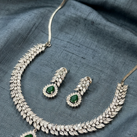 Emerald Teardrop AD Stone Necklace Set with Leaf Design
