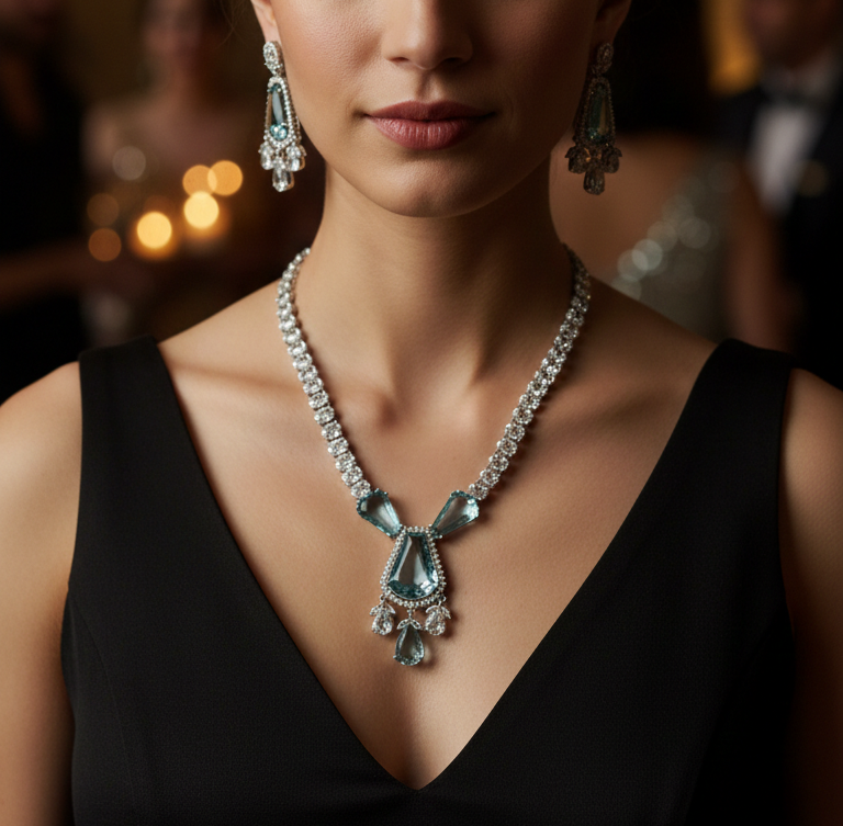 Aqua Crystal American Diamond Necklace Set