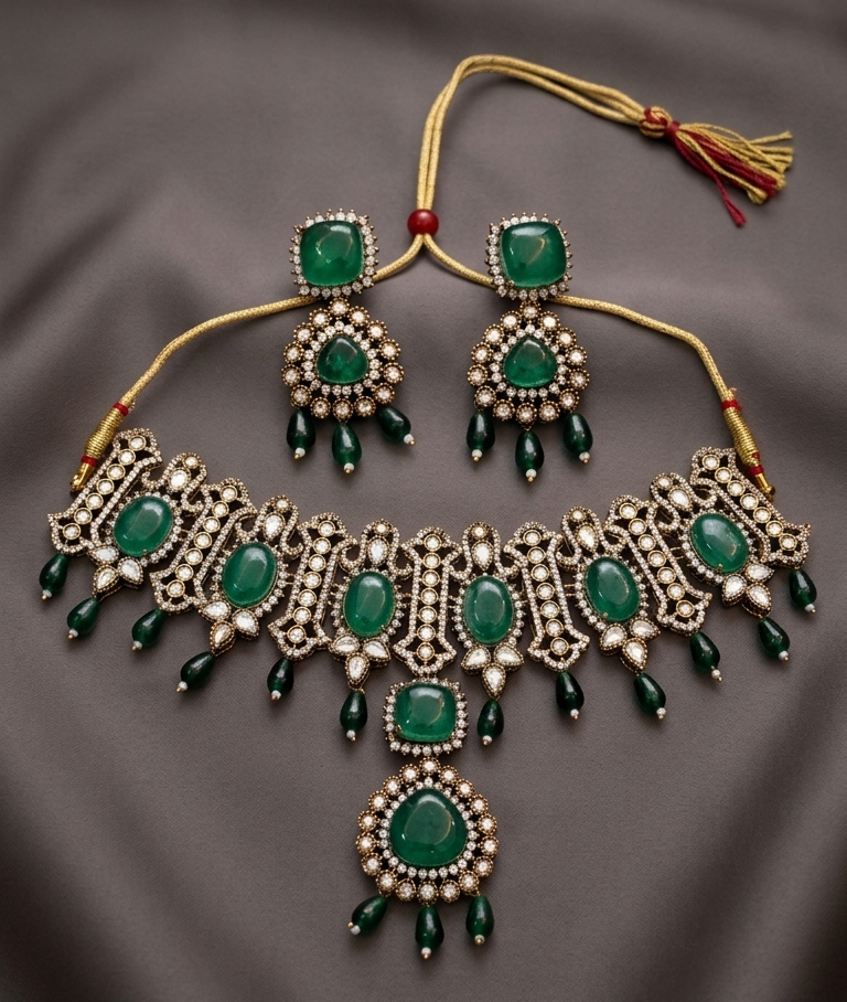 Traditional Green Stone Choker Jewellery Set