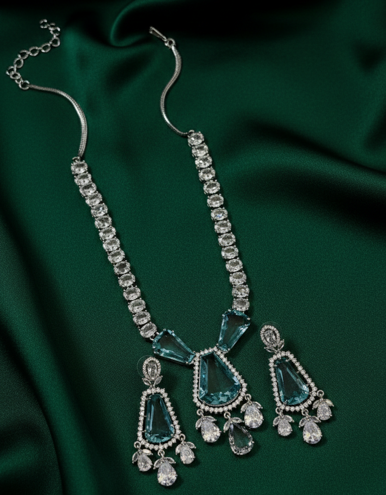 Aqua Crystal American Diamond Necklace Set