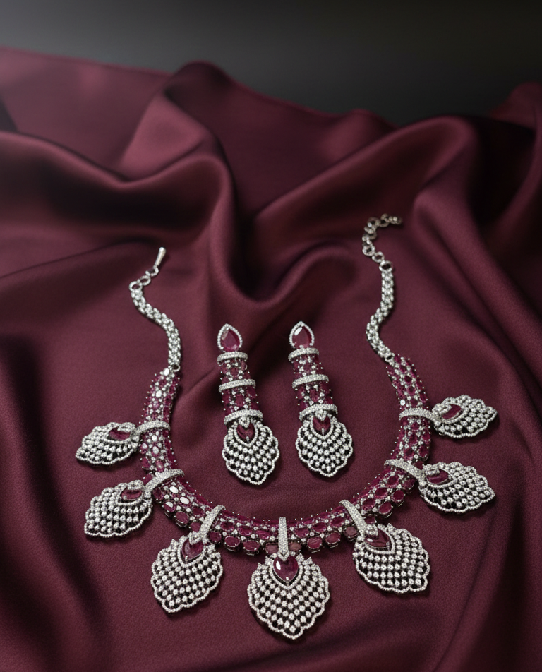 Elegant Maroon Crystal Wedding Jewellery Set