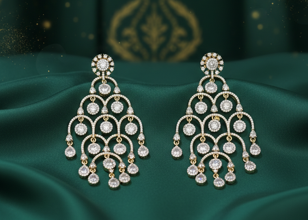 American Diamond Gold Chandelier Earrings