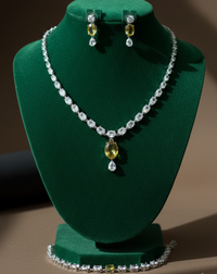 Elegant Yellow Crystal Drop Earrings & Silver Zircon Necklace