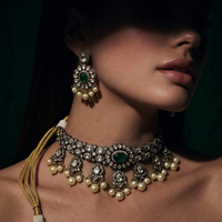 Royal Green Kundan Pearl Choker Necklace Set