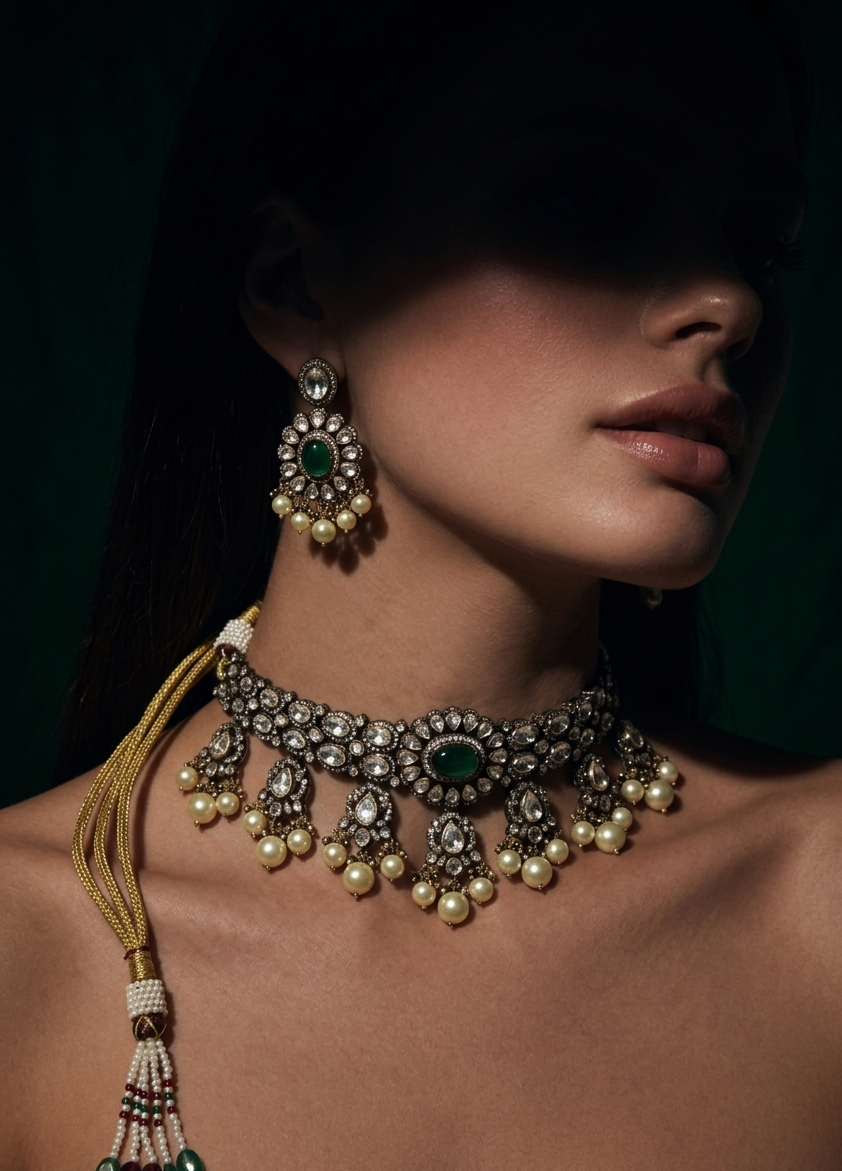 Royal Green Kundan Pearl Choker Necklace Set