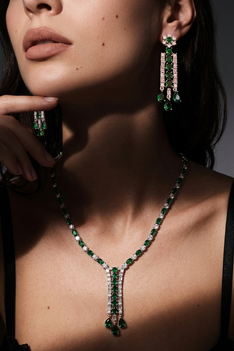 Emerald Green AD Stone Layered Necklace Set
