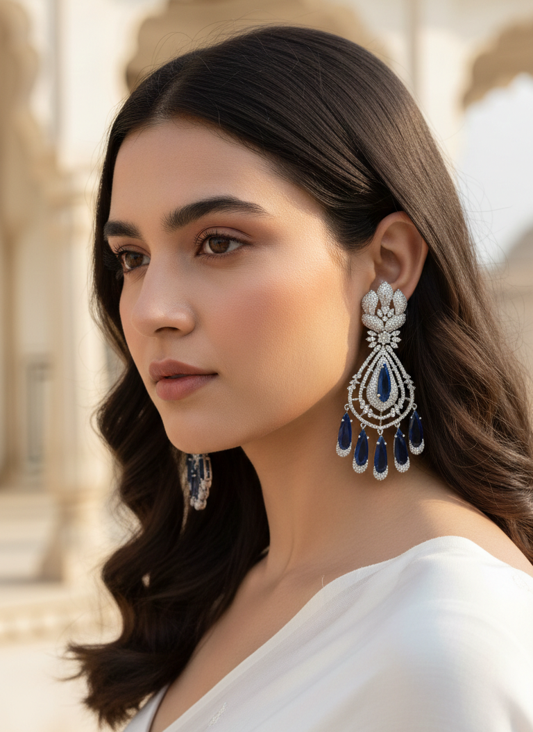 Royal Blue Teardrop Chandelier Earrings with Crystal Stones