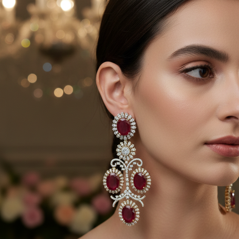 Royal Ruby Red American Diamond Chandelier Earrings