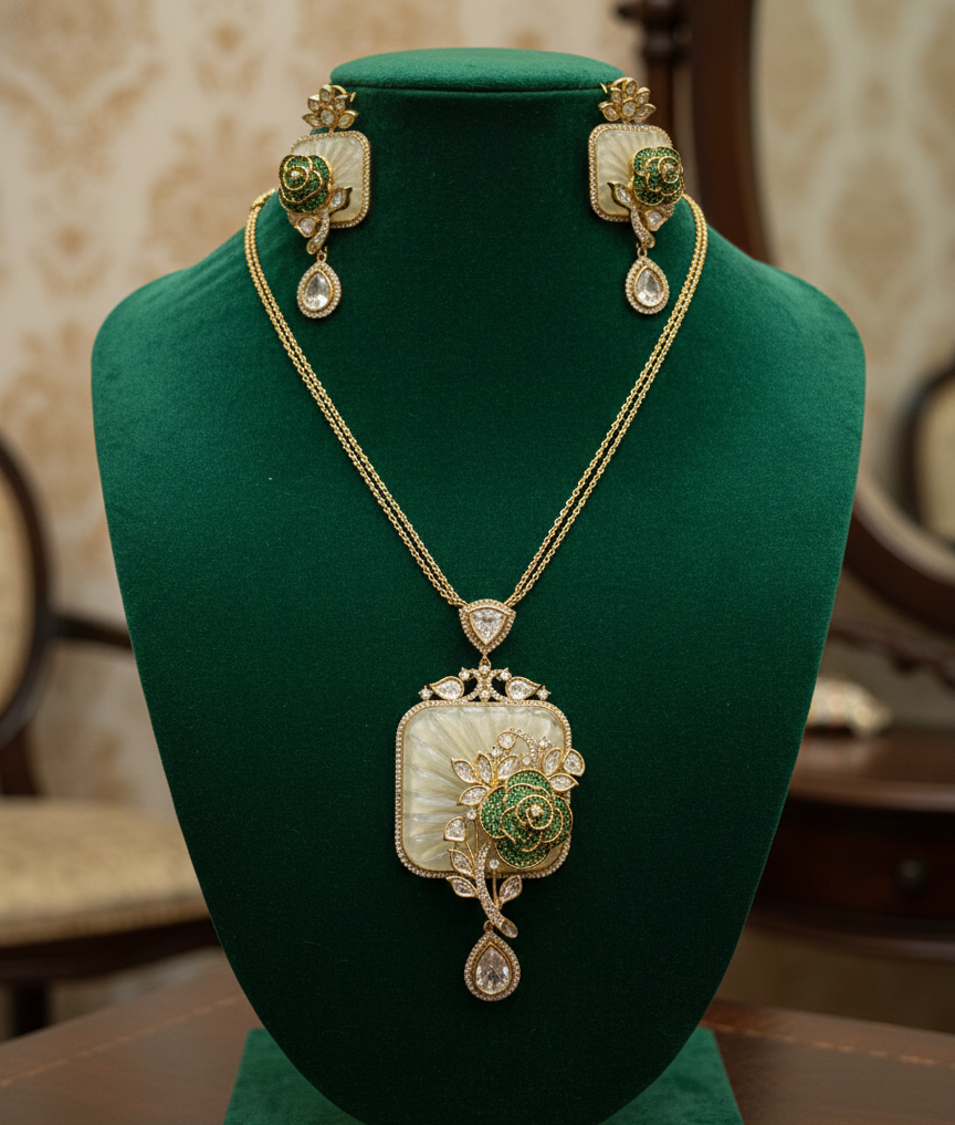 Elegant Green Stone Floral Pendant Set