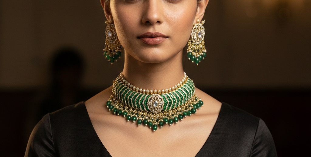 Royal Green Kundan Polki Bridal Choker Necklace Set