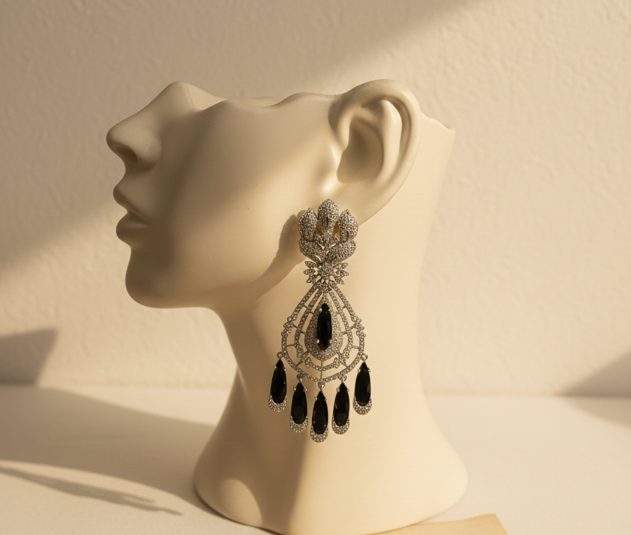 Midnight Bloom American Diamond Drop Earrings