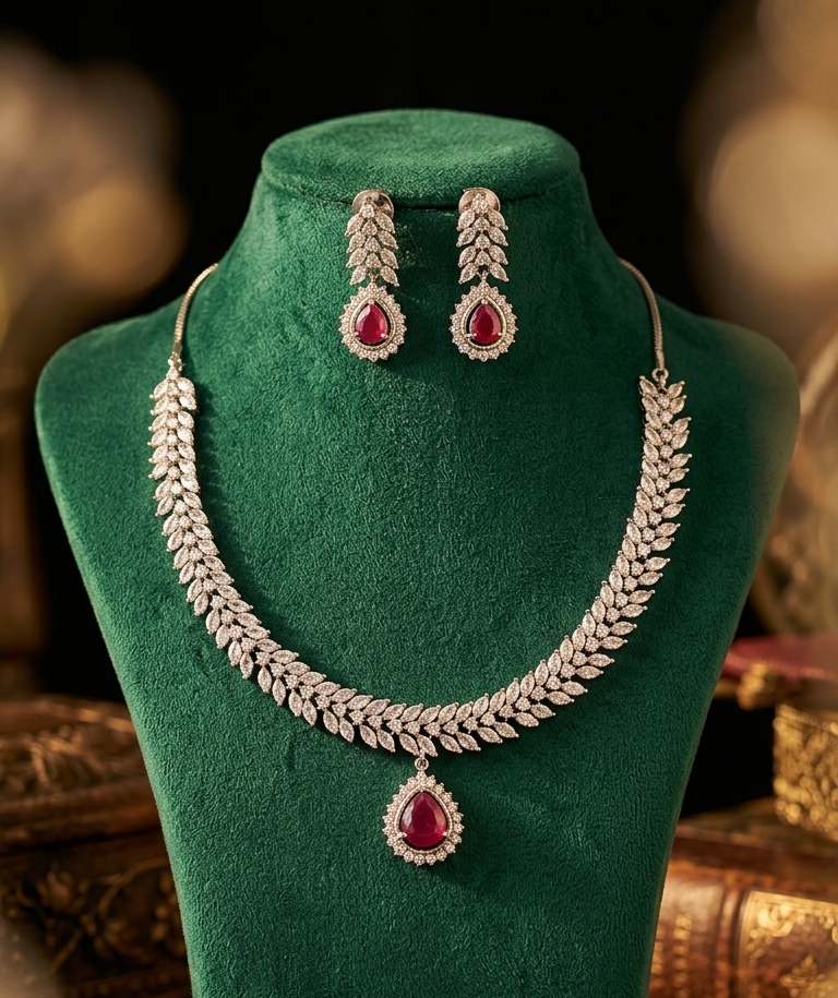 Ruby Glow Leaf Design AD Necklace Set