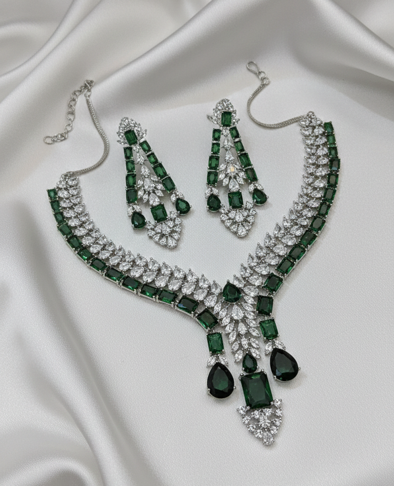 Royal Emerald Cascade American Diamond Necklace Set