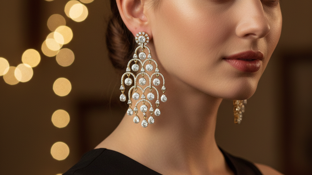 American Diamond Gold Chandelier Earrings