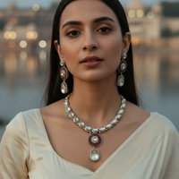 Elegant Ruby Kundan Teardrop Necklace Set