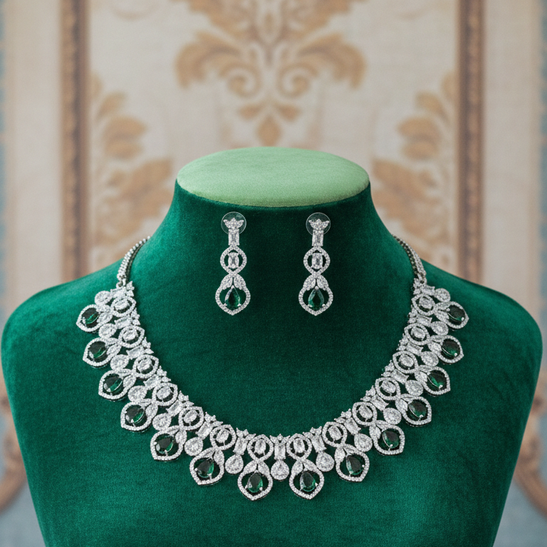 Elegant Green Crystal Drop Necklace Set