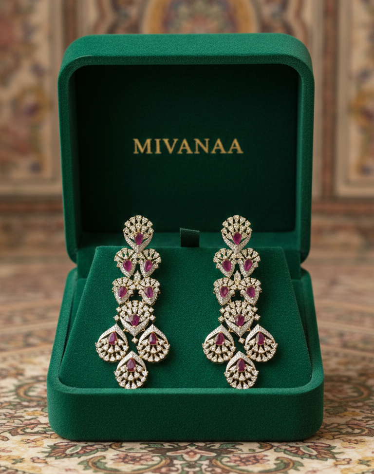 Luxury Ruby Red Teardrop American Diamond Long Earrings