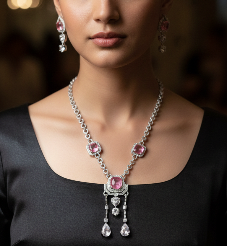 Elegant Pink Crystal Diamond Finish Necklace Set