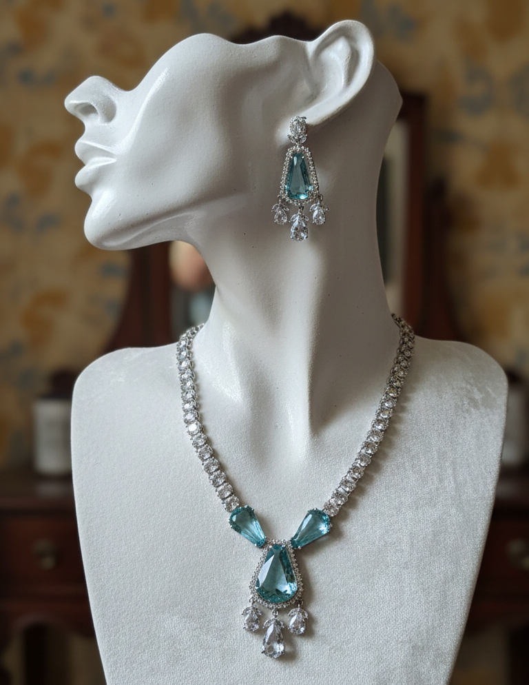 Aqua Crystal American Diamond Necklace Set