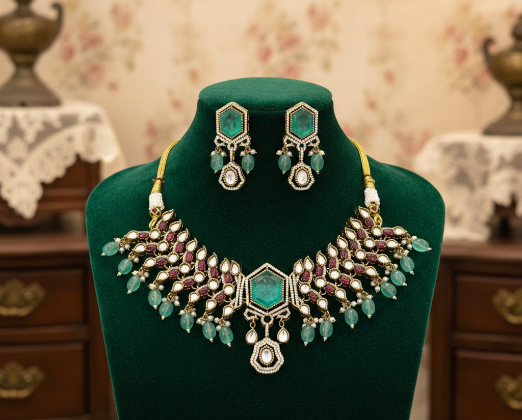 Royal Emerald & Ruby Polki Kundan Bridal Necklace Set