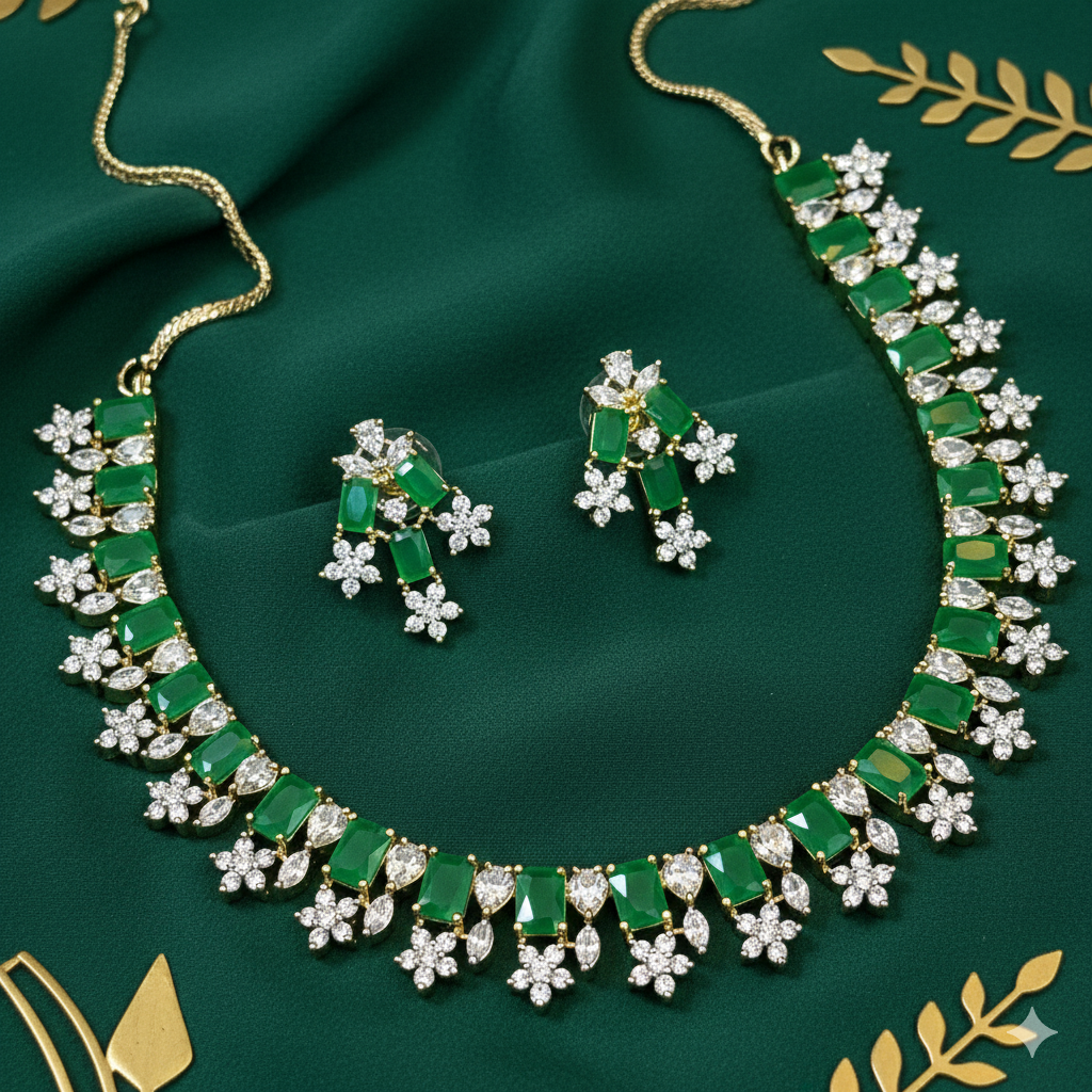 Emerald & Diamond Look Necklace Set - Partywear Jewelry