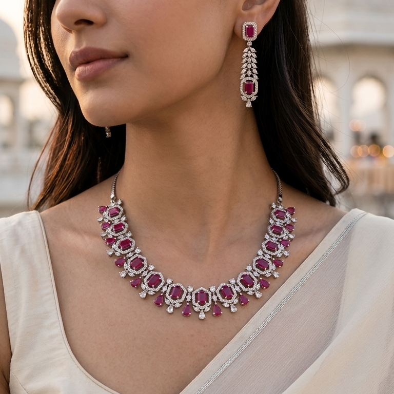 Royal Ruby Sparkle Drop Earrings & Necklace Set