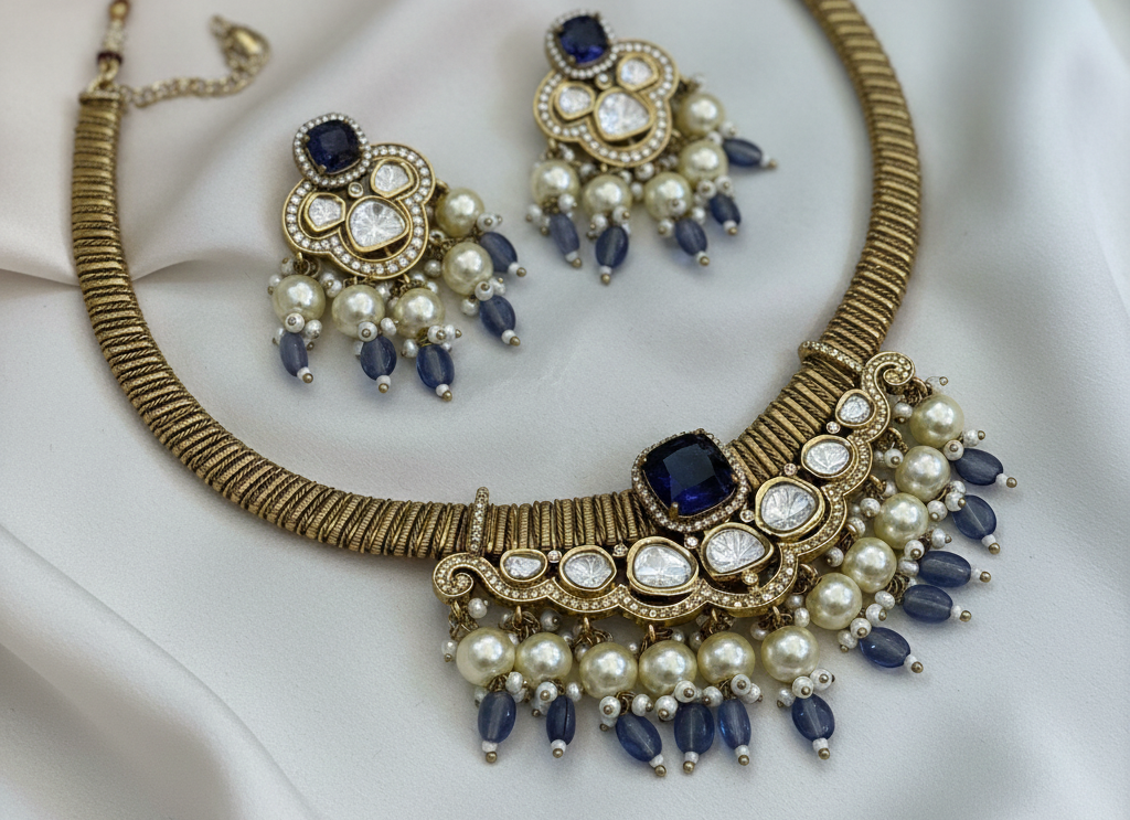 Neelam Royale Kundan Blue Hasli Necklace