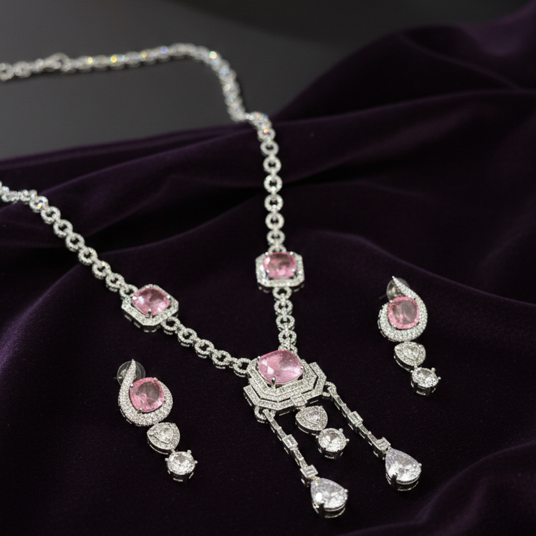 Elegant Pink Crystal Diamond Finish Necklace Set