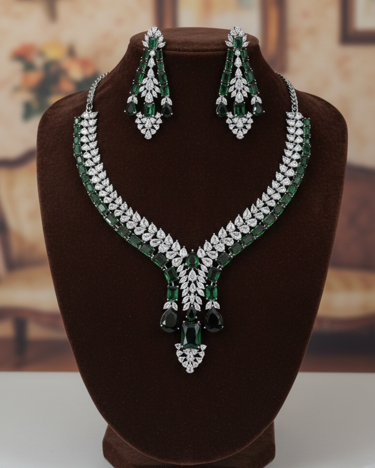 Royal Emerald Cascade American Diamond Necklace Set