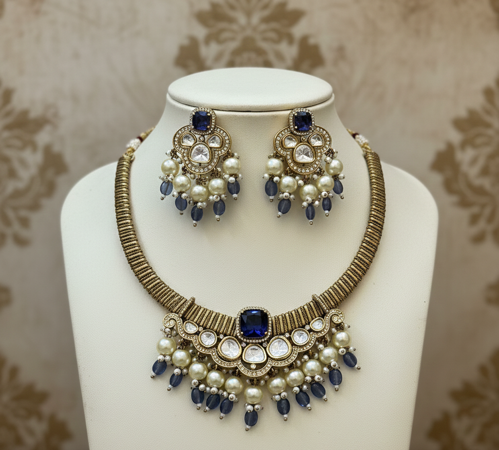 Neelam Royale Kundan Blue Hasli Necklace