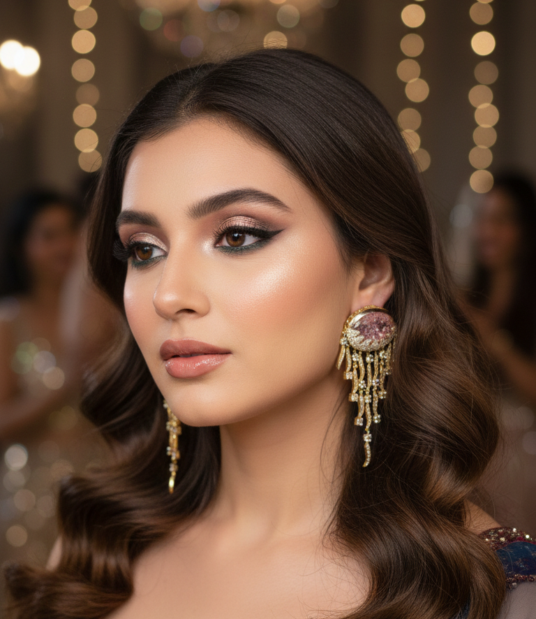 Pink Crystal Drop American Diamond Statement Earrings – Gold Finish