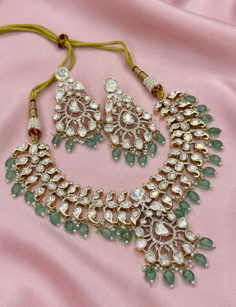 Royal Emerald Drop Real Polki Kundan Bridal Necklace Set