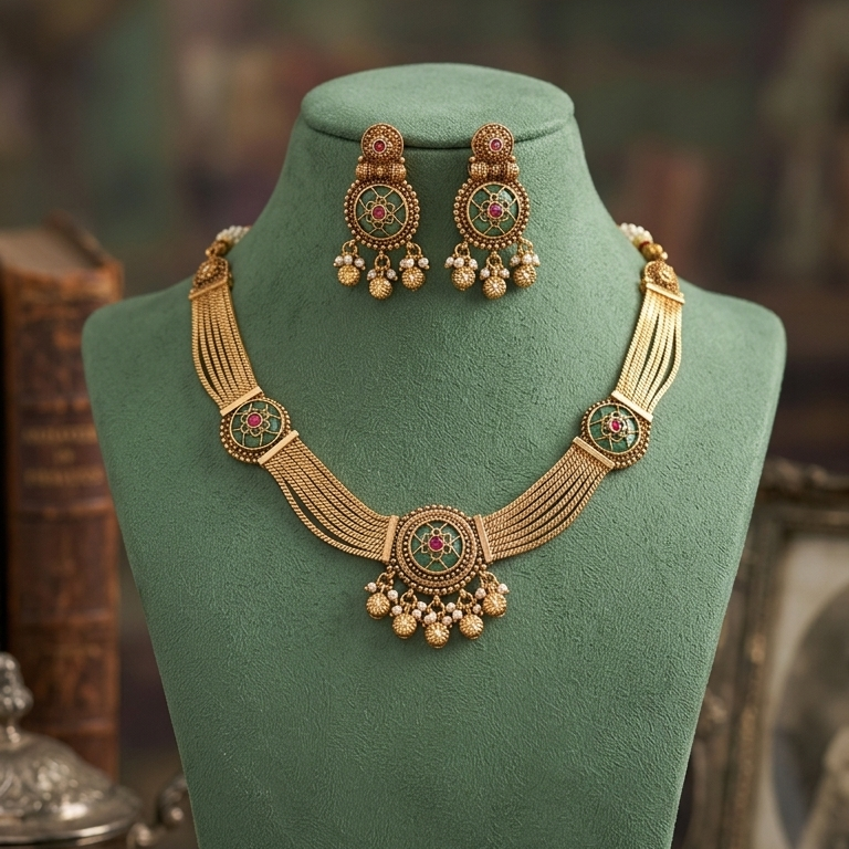 Traditional Green Stone Gold Plated Necklace Set
