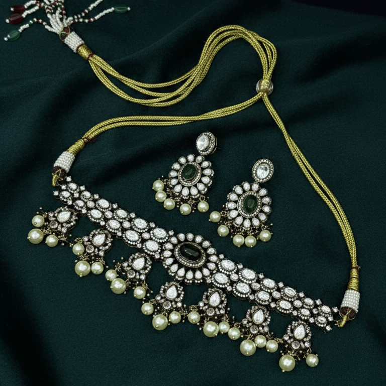 Royal Green Kundan Pearl Choker Necklace Set