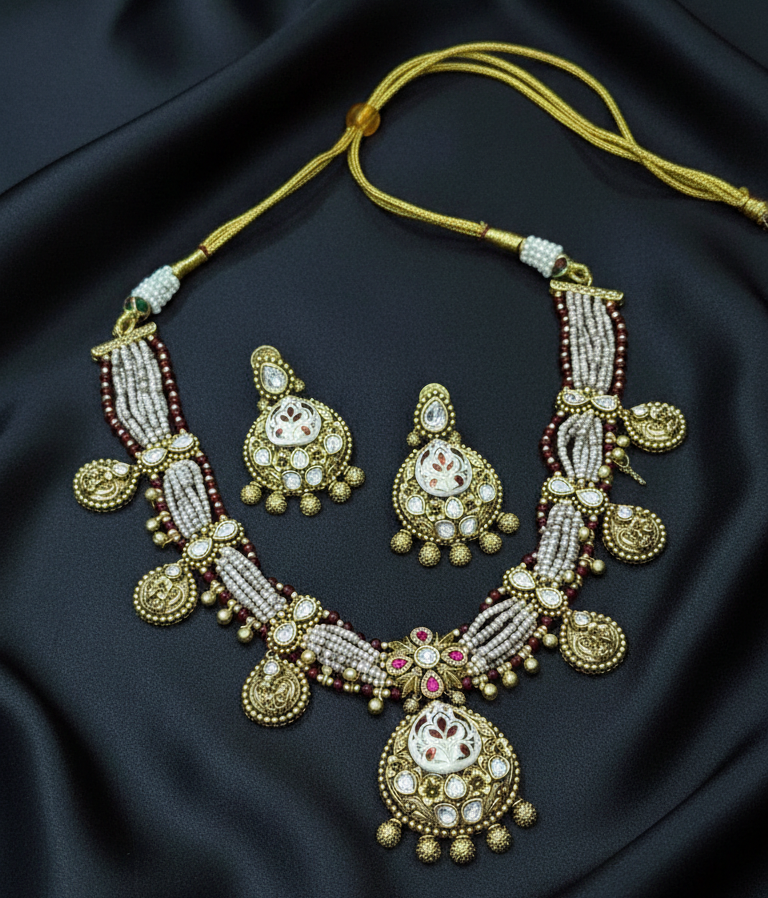 Heritage Ruby Meenakari Pearl Necklace Set