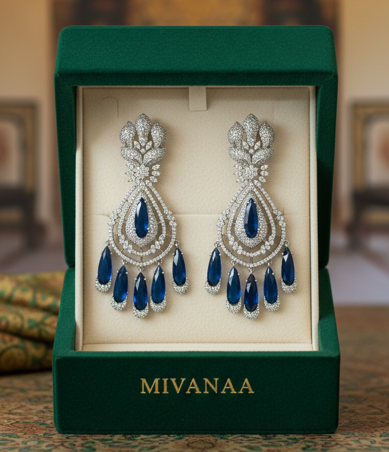 Royal Blue Teardrop Chandelier Earrings with Crystal Stones