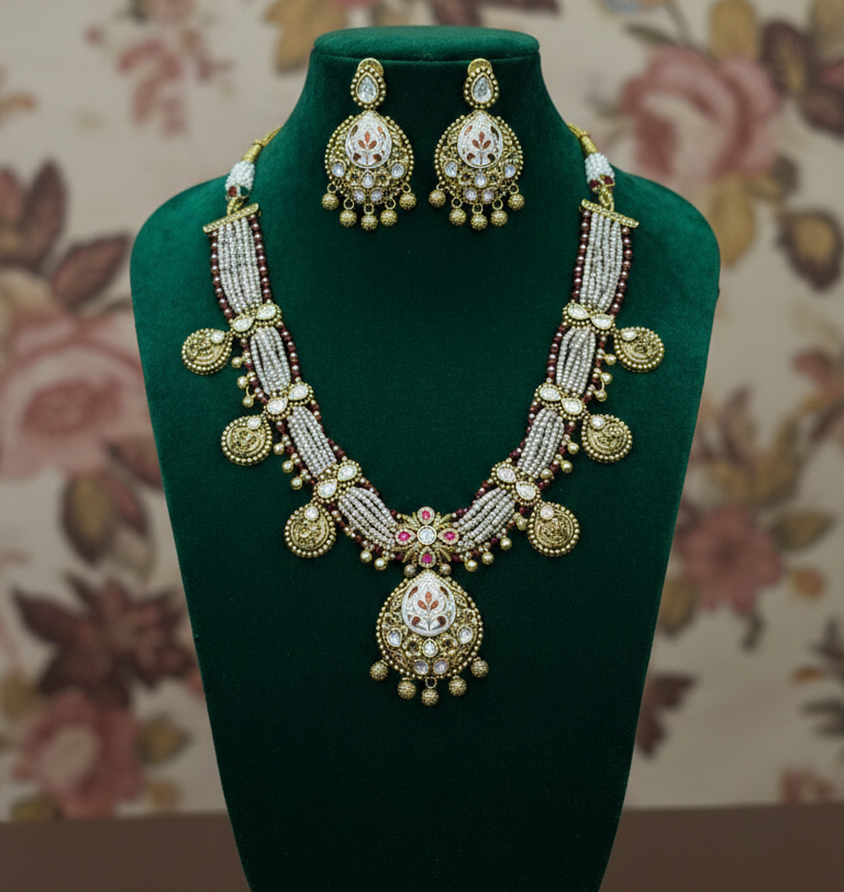 Heritage Ruby Meenakari Pearl Necklace Set